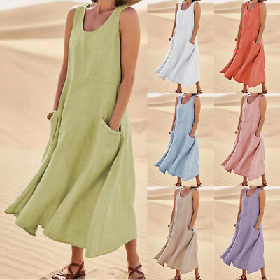 #ad Boho Women Solid Sleeveless Loose Dress Cotton Linen Casual Beach Sundress US $21.86