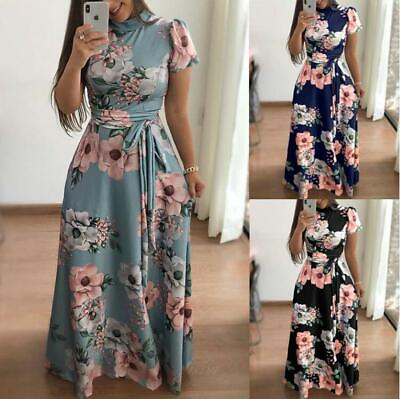 #ad Women Long Maxi Dress Floral Print Boho Party Beach Dresses Long Short Sleeve $28.68