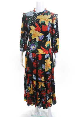 #ad Rixo Womens Floral Print Long Sleeves A Line Maxi Dress Black Size 4 $115.89