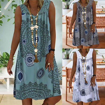 #ad Summer Women Sleeveless Boho Sleeveless Mini Dress Holiday Beach Loose Sundress $20.79