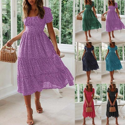 Womens Frill Short Sleeve Floral Maxi Long Dress Summer Holiday Boho Sundress US $18.23