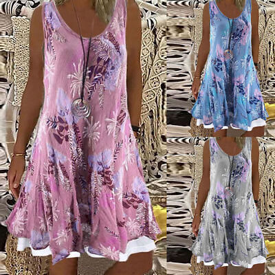 #ad #ad Women#x27;s Sleeveles Boho Dresses Ladies Summer Holiday Beach Loose Floral Sundress $18.94