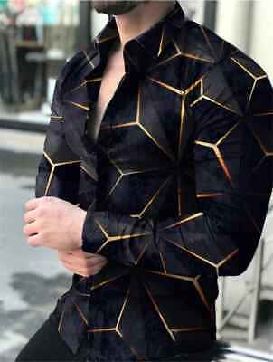 Button Up Shirt Men Black Gold Graphic Contrast Party Long Sleeve Fashion Dress $29.86