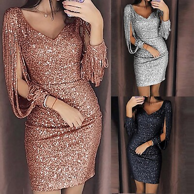 #ad Women Glitter Sequin Dress Fashion V Neck Long Sleeve Bodycon Party Cocktail $20.69