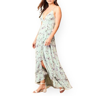 Lulus Sz XS In Love Forever Lace Up V Neck High Low Maxi Dress Floral Sage Green $69.69
