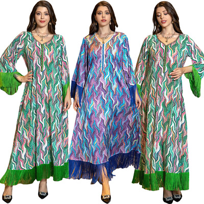 #ad Abaya Women Dubai Tassel Kaftan Long Dress Modest Muslim Ramadan Moroccan Caftan $32.80