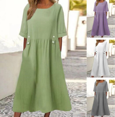 #ad 2023 Women Summer Dresses Short Sleeve Cotton Linen Midi Maxi Boho Casual Dress $22.99