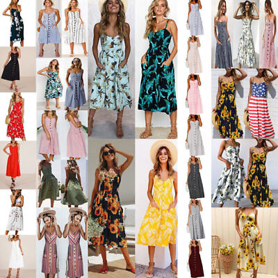 Womens Strappy Sun Dresses Summer Beach Midi Dress Plus Size 6 20 Holiday NEW $22.96