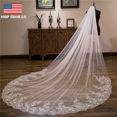 #ad 10Ft Long White Wedding Bridal Veils with Embroidery Lace Edge Bride Supplies US $9.26