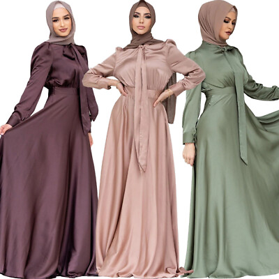 #ad Muslim Elegant Women Satin Long Maxi Dress Abaya Islamic Dubai Evening Gown Prom C $49.77