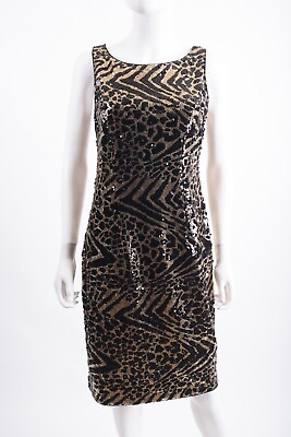 Frank Lyman Sequin Evening Dress Size 12 Black Gold Sleeveless Animal Print NWT $74.99