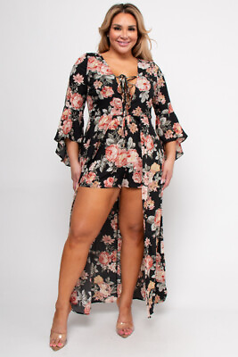 #ad Womens Plus Size Black Floral Romper Maxi Dress 1XL Bell Sleeve $39.95