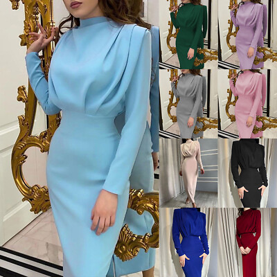 Womens Long Sleeve Bodycon Midi Dress Formal Ladies Evening Cocktail Party Dress $23.02