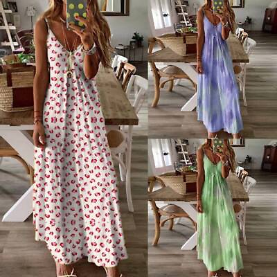 #ad Plus Size Women Boho Tie Dye Maxi Dress Ladies Summer Beach Strappy Sun Dresses $16.09