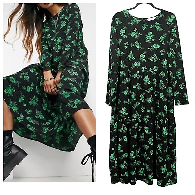 #ad Asos Tiered Long Maxi Dress sz: 12 Black Green Floral Lightweight Flowy Loose $29.99