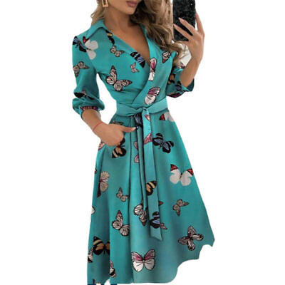 #ad Hot Womens Long Sleeve Belted Midi Dress Ladies V Neck Party Formal Dress $26.26