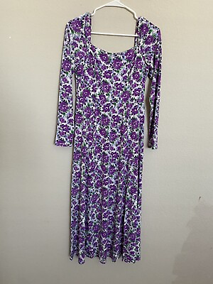 #ad Women´s Scoop Dress Size XS Purple Floral Long Sleeve Maxi White Flowers Square $14.99