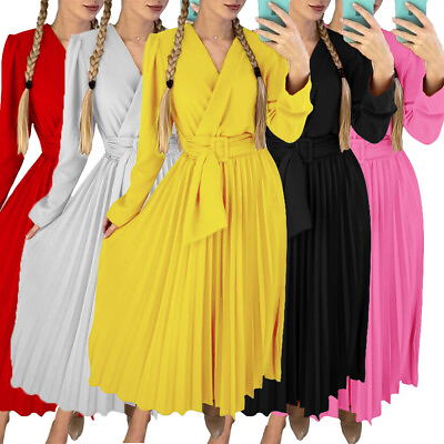 #ad Evening Party V Neck Long Sleeve Dress Pleated Cocktail Women Dresses Gown Lady $27.45