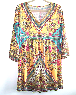Umgee Mustard Yellow Paisley Boho Peasant Hippie Mini Dress Babydoll Tunic Small $19.95