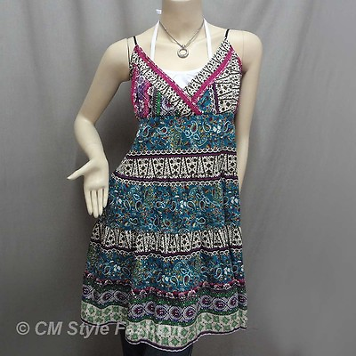 #ad Hippie Ethnic Bohemian Floral Prints Crossbust Tiered Sundress Multi Color XS S $16.99