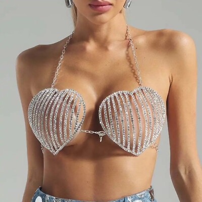 #ad #ad Stonefans Silver Rhinestone Hollow Crystal Heart Chest Bracket Bikini For Women $88.99