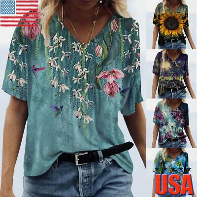 Womens Summer Floral V Neck T Shirt Ladies Casual Short Sleeve Tunic Tops Blouse $7.79