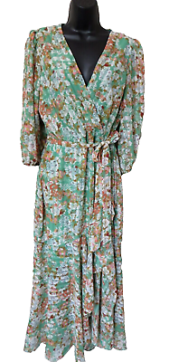 #ad Maison Tara Floral Green Ruffle Dress Womens 12 Hi Low Maxi 3 4 Sleeve $25.10
