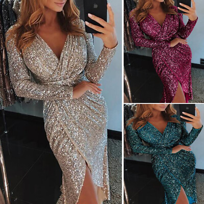 Plus Size Women V Neck Long Sleeve Party Dress Cocktail Evening Slim Fit Bodycon $19.99