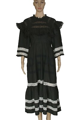 #ad Doen Lace Crochet Trim Ruffle Wide Sleeve Black Maxi Dress New Small S $210.93