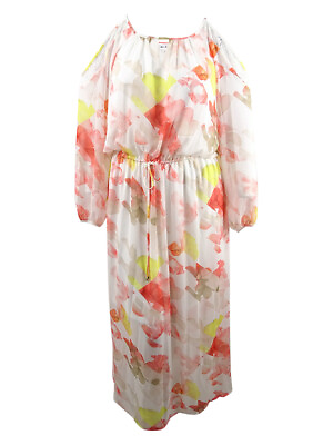#ad Calvin Klein Women#x27;s Plus Floral Print Cold Shoulder Maxi Dress 1X Porcelain $84.99