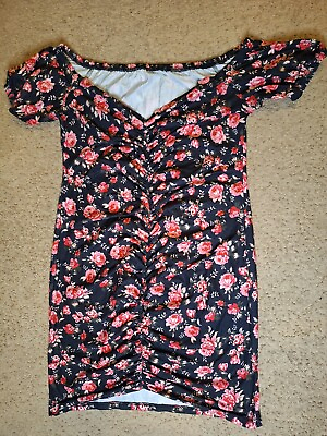 #ad Shein Curve Ruched Floral Pink Black Dress 2XL Multicolor $10.00