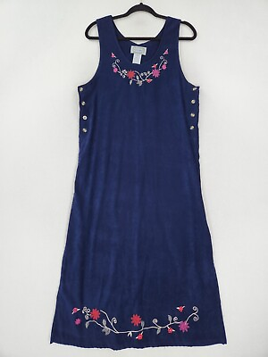 #ad Jane Ashley Dress Womens Large Navy Blue Floral Embroidered Vintage Jumper Maxi $28.92
