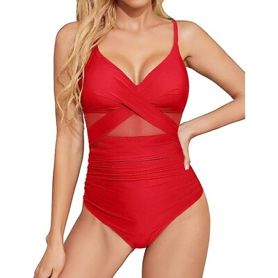 Tempt Me Women One Piece Tummy Control Swimsuit Push Up Front Cross Swimwear Red $14.94