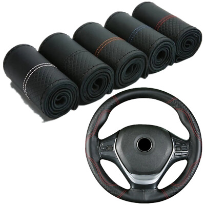 #ad 15quot; DIY Top Layer Leather Car Steering Wheel Cover With Needle Thread Anti slip $2.19