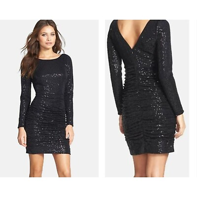 #ad AIDAN by Aidan Mattox US Size 14 Black Sequin Rouched Cocktail Dress Long Sleeve $29.82