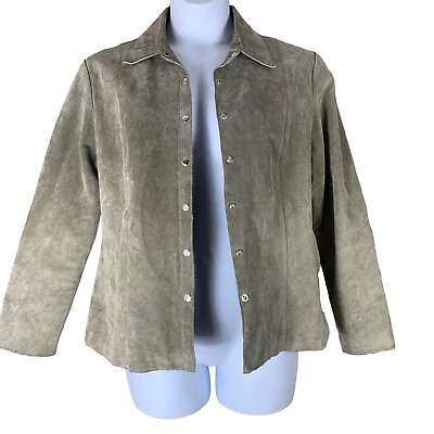 #ad Live A Little Large Leather Jacket Gray Beige Snap Button Up Lined Womens Coat $26.59