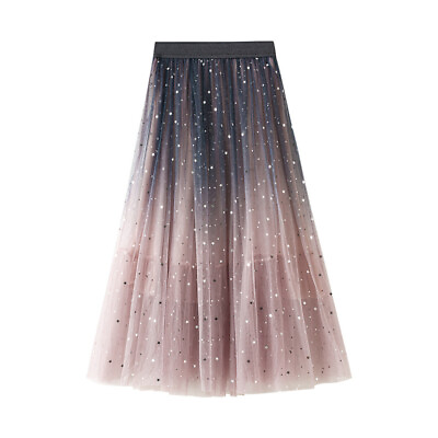 #ad Women#x27;s Midi Star Shiny Elastic Waist Fairy Tulle Beach Long Skirts $36.76