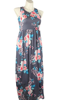 #ad S M L XL 2XL Charcoal Floral Side Pocket Sleeveless Maxi Dress Stretch $20.62