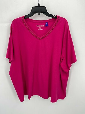 Catherines Top Womens Plus Petite 3XWP Hot Pink Short Sleeve V Neck Tee $12.55