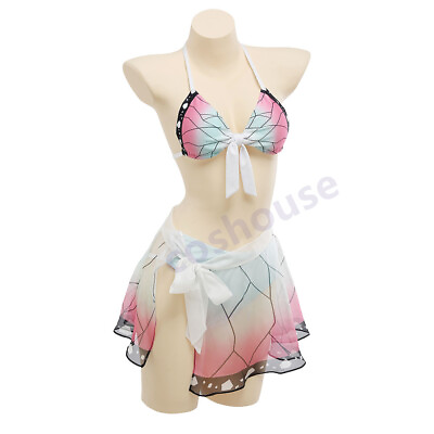 Women Two Piece Bikini Set Anime Swimsuit Lace Up Bathing Suit with Sarong Skirt $12.99