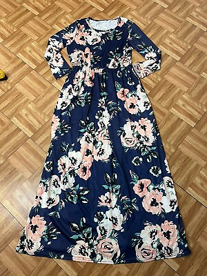#ad Floral Maxi Dress XL Navy Blue Pink Flowers Long Sleeves Stretch $15.99