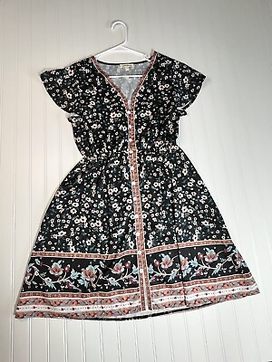 #ad Boho Navy Blue Women#x27;s Floral V Neck Summer Dress Size M $16.00
