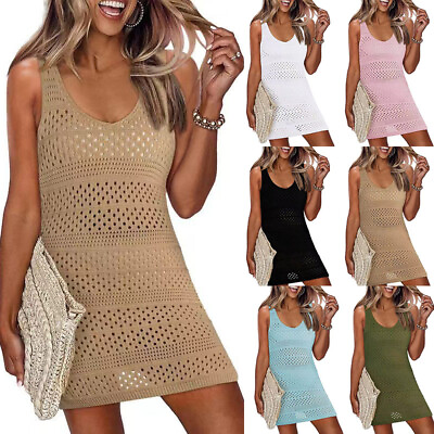 #ad Women#x27;s swimsuit cover up sleeveless vest knitted hollowed out beach skirt $13.80