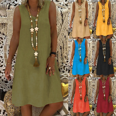 #ad #ad Summer Women#x27;s Cotton Linen V neck Sleeveless Baggy Holiday Sun Dress Plus Size $20.05