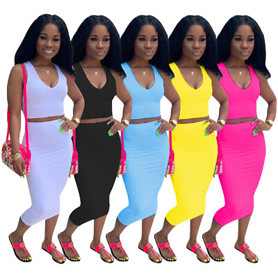#ad 2 Piece Women Bodycon Two Piece Crop Top and Skirt Set Bandage Dress Party M MG $17.99