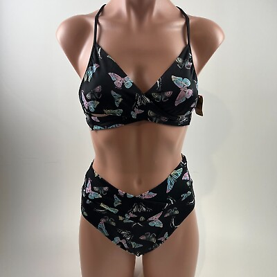 Victoria#x27;s Secret PINK Padded Crossback Swimsuit Bikini Set Black Size L NWT $34.99