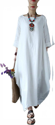 #ad Celmia Autumn Solid Loose Long Maxi Dress Cotton Caftan X Large A a Off White $88.14