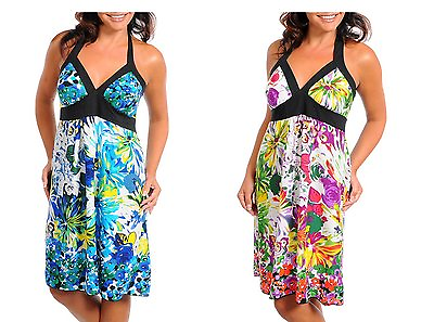 #ad NEW WOMENS MULTI BLUE FLORAL PRINT SUN DRESS HALTER JUNIOR PLUS SZ 1X 2X 3X L XL $28.00