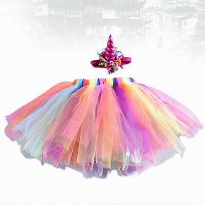 #ad #ad Children Rainbow Color Tutu Skirt Dress Unicorn Headwear Skirt Set for Girls $11.85