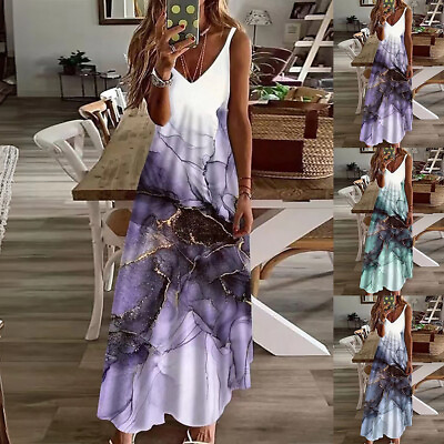 #ad Womens Boho Strappy V Neck Maxi Dress Ladies Summer Holiday Beach Long Sundress $21.99
